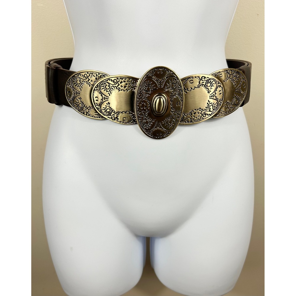 VTG Y2K Chicos Medallion Belt Women M/L Brown Leather Gold Ornate Buckle Western